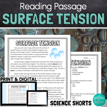 Preview of Surface Tension Reading Comprehension Passage PRINT and DIGITAL
