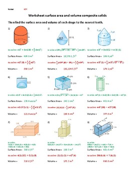 Surface area and Volume of composite Figures Worksheet with quizzes and