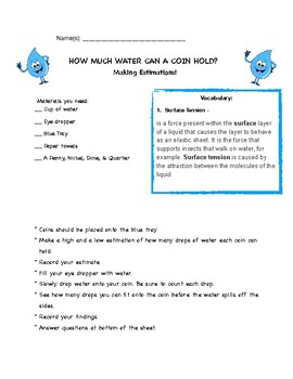 Preview of Surface tension lesson plan and worksheet