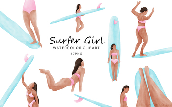 Preview of Surfer Girl Beach Summer Watercolor Clipart
