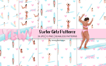 Preview of Surfer Girls Summer Seamless Patterns, Digital Paper, Background