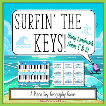 Preview of Surfin' the Keys Summer Piano Key Geography Game Using Landmark Notes C & G