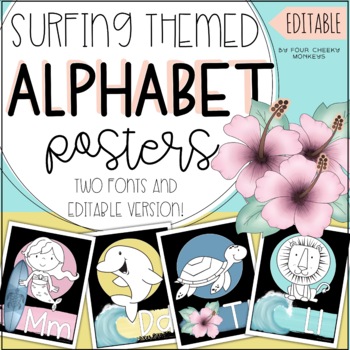 Preview of Surfing / Beach Themed Classroom Decor Alphabet Classroom Posters | Editable