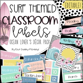 Preview of Surfing / Beach Themed Classroom Decor Editable Labels