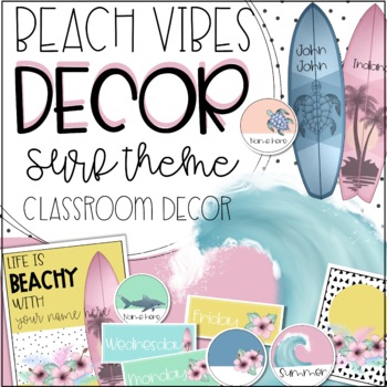 Preview of Pastel Ocean Classroom Decor Bundle // boho surfing beach theme