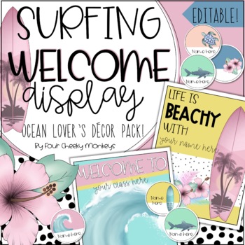 Preview of Pastel Ocean Theme Classroom Decor / Welcome Bulletin Board Surfing Door Display