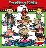Surfing kids clip art  -Color and B&W-