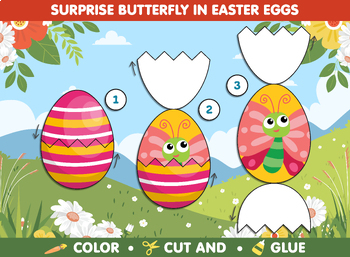 Preview of Surprise Butterfly in Easter Eggs Craft Activity for Kids! Color, Cut, & Glue
