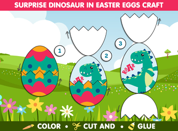 Preview of Surprise Dinosaur in Easter Eggs Craft, Spring Activity, Color, Cut & Glue