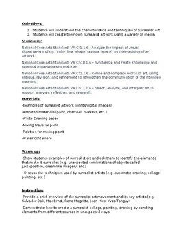 Preview of Surrealism Lesson Plan Write-Up Easy Layout with National Arts Standards