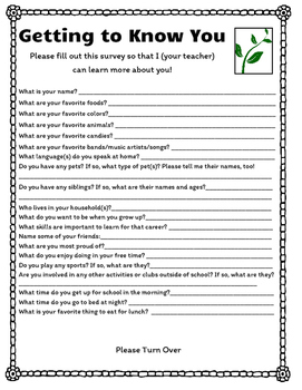 Back to School First Day Bell Work Warm Up Survey (With Border) | TpT
