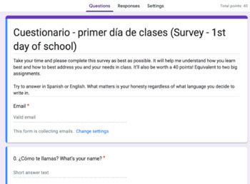 Preview of Survey First Week of School | Cuestionario Primer Día de Clases
