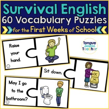 Preview of #catch24 Survival English Puzzles Questions Commands Classroom ESL Vocabulary