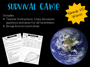 Preview of Survival Game (For Novel Study or teaching Needs vs Wants)