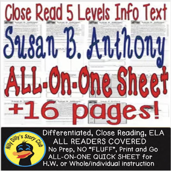 Preview of Susan B Anthony Biography Leveled Passages Main Idea, TDQs, Fluency Check