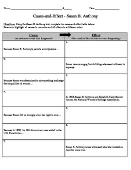 Preview of Susan B. Anthony - Cause and Effect Worksheet