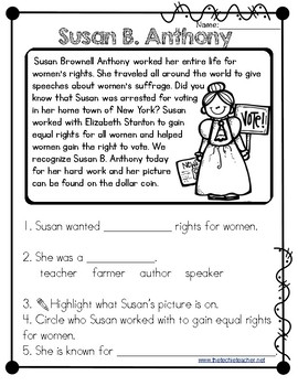 Susan B. Anthony Reading Passage by The Techie Teacher  TpT