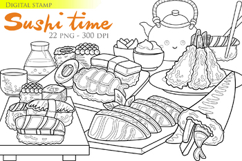 Preview of Sushi Food Japanese Salmon Onigiri Tempura - Black White Outline - Digital Stamp