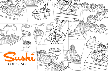 Preview of Sushi Japanese Food Onigiri Udon Tempura Salmon Miso - Kids & Adult Coloring A4