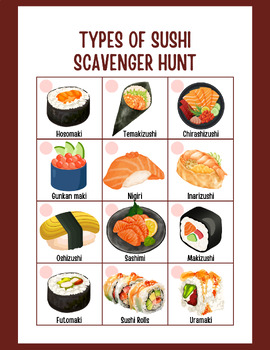 Preview of Sushi Types Scavenger Hunt | Types of Sushi Activity | PDF Download | Printable