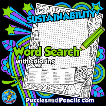 Preview of Sustainability Word Search Puzzle with Coloring | Earth Day Wordsearch