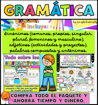 Preview of Nouns Adjectives Compound Words Antonyms Grammar Spanish Gramatica Vocabulario