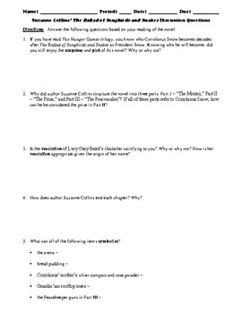 Preview of Suzanne Collins' The Ballad of Songbirds and Snakes Discussion Questions