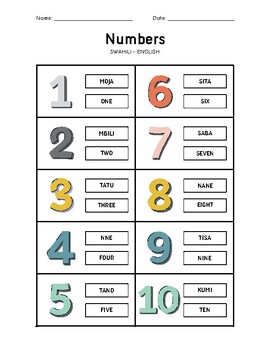 Preview of Swahili to English Colorful Numbers Vocabulary Worksheet