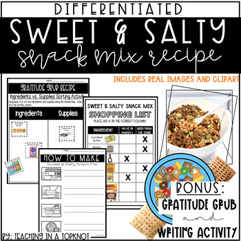 Preview of Sweet & Salty Snack Mix Recipe with Differentiated Worksheets | PLUS BONUS