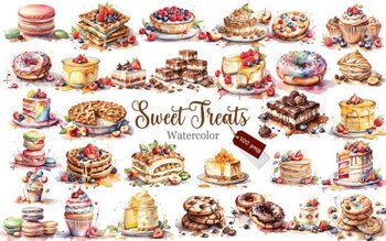 Preview of Sweet Treats PNG Watercolor Clipart Bundle Graphics / Tasty Desserts and Cakes
