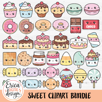 Preview of Sweets Cliparts, Cute Kawaii Food, Treats, Candy, Cupcake, Cake, Donut, Lollipop