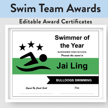 Preview of Swim Team Awards | Editable End of Year Sports Banquet Certificates | Swimming