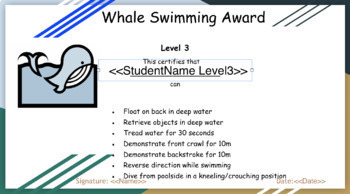 Preview of Swim certificates- 10 levels (set up for autocrate- automatically fill in info)