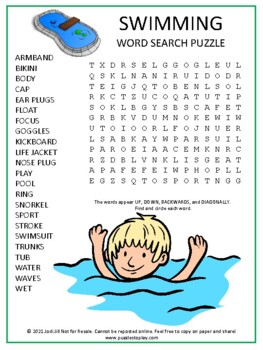 Preview of Swimming Word Search Sport Worksheet Puzzle | Sports Game Activity Fun