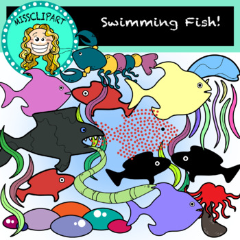 Preview of Colorful Fish Swimming Clipart (Color and B&W){MissClipArt}