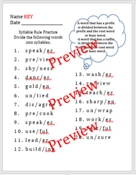 Preview of Syllabication Practice - 7 pages with 20 words each - 12 Rules For Division +KEY