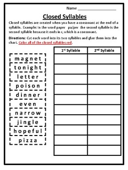 Syllable Activities Closed Syllables Worksheets Cut & Glue Syllable