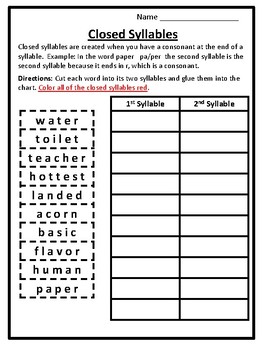 Syllable Activities Closed Syllables Worksheets Cut & Glue Syllable