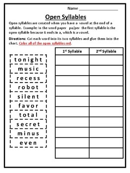 Syllable Activities Open Syllables Worksheets Cut & Glue Syllable Types