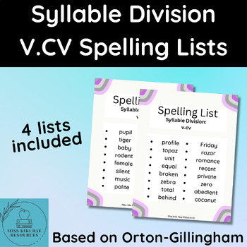 Preview of Syllable Division-V.CV-Word Lists-Spelling, Vocabulary, and Labeling Practice