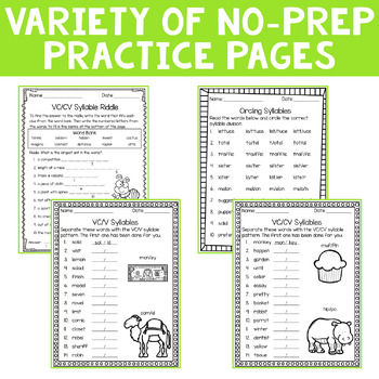 Syllable Patterns V/CV, VC/V, and VC/CV (No Prep Worksheets) | TpT