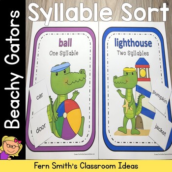 Preview of Syllable Sort Center Games Gator Beach Themed