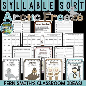 Preview of Syllable Sort Center Games Winter Arctic Animal Themed