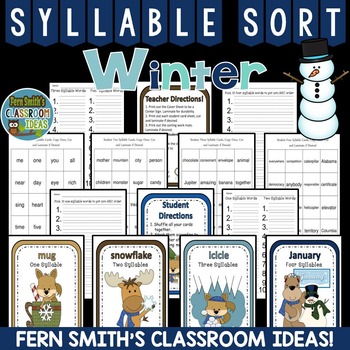 Preview of Syllable Sort Center Games Winter Themed