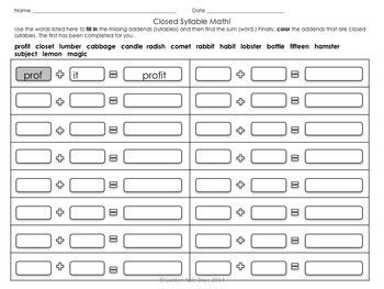 syllable types 18 practice worksheets 6 types grades 2 3 4 tpt