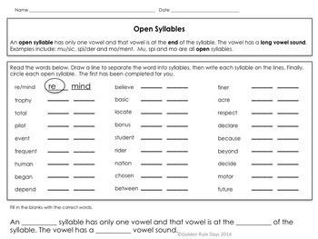 syllable types 18 practice worksheets 6 types grades 2 3 4 tpt
