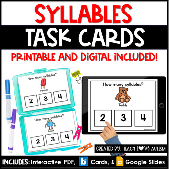 Preview of Syllables | Grammar | Reading Printable Task Cards | Boom Cards