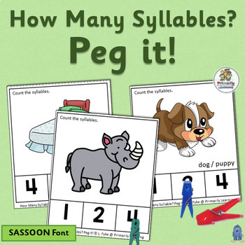 Preview of Syllables Peg-It Cards - A Fun Way to Practice Syllable Counting - SASSOON Font