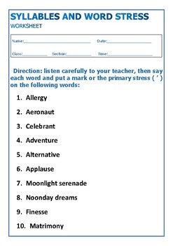 Preview of Syllables and Stress Activity Worksheet (10 Items)