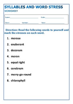 Preview of Syllables and Stress Activity Worksheet (8 Items)